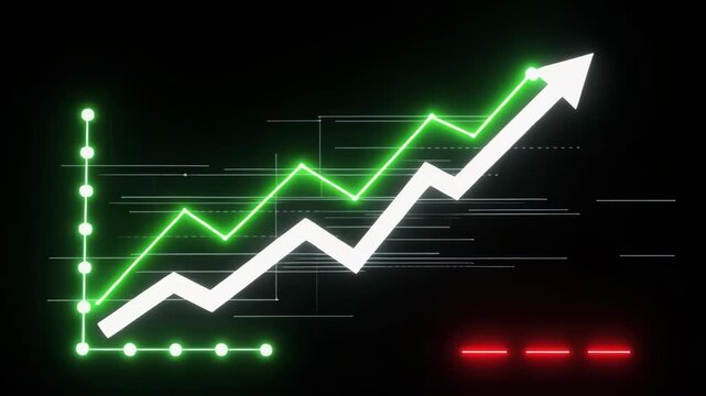 Financial growth chart ascending with upward arrow against dark digital background during economic success