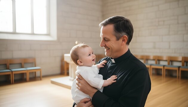Caring Catholic priest smiling at baby while holding the cute infant inside a bright church sanctuary for baptism ceremony, blessing and Christian faith concept