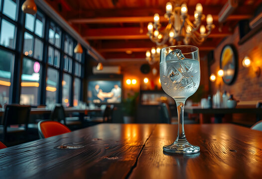 Refreshing glass of iced water on a rustic wooden table in a dimly lit restaurant interior with warm ambiance, the background features blurred windows and a chandelier