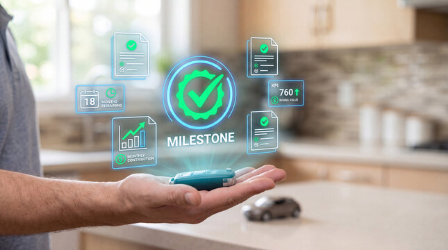 Car savings milestone achievement hologram with key fob monthly contribution and rising value KPI