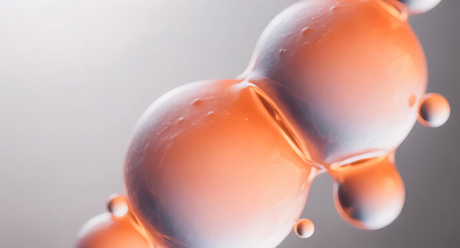 Microscopic biological cell division, abstract orange organic molecules, scientific 3d rendering of cellular mitosis and biotechnology research