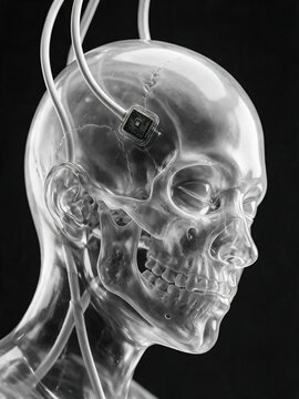 Futuristic transparent human skull with neural interface cables, glass anatomical head model with brain chip, cybernetic medical technology concept