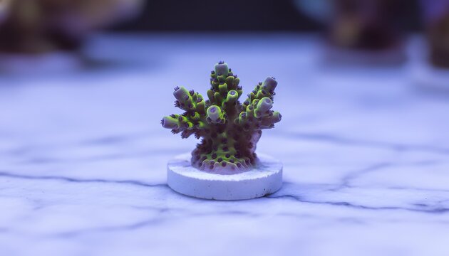 Vibrant green acropora coral frag growing on a plug inside a marine reef tank for saltwater aquarium biodiversity concept with macro detail lighting