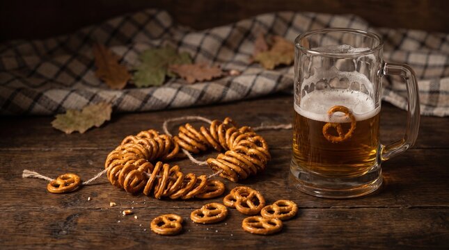 Beer and pretzels on rustic table for Oktoberfest