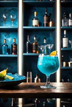 Blue cocktail with lime garnish on a wooden bar counter surrounded by liquor bottles on shelves in a dimly lit bartender