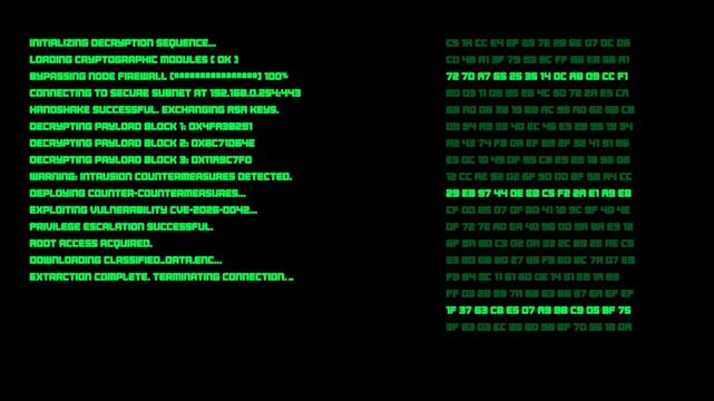 Green hacker terminal interface displaying data code and access granted message