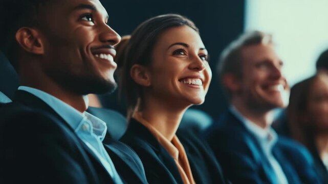 Group of business people smiling and laughing in a conference room