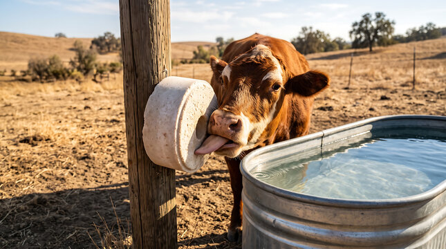 Brown cow licking a mineral block mounted on a wooden post near a metal water trough in a dry, sunny pasture with sparse vegetation and rolling hills