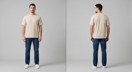 Fototapeta premium Studio mockup of a male model wearing a blank off-white crewneck t-shirt and blue jeans, showing front and back views against a light gray background.
