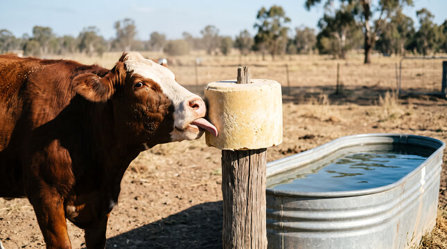 Brown and white cow licking a mineral block near a water trough in a dry pasture with sparse vegetation under a clear blue sky