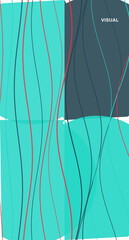 Vertical composition with wavy red and turquoise lines over transparent and dark blocks for visual design.