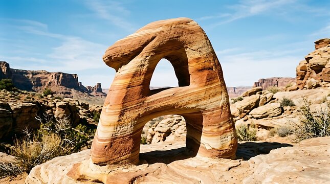 Natural Sandstone Arch Shaped Like Letter a in Desert Landscape
