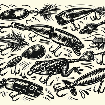 Vintage hand drawn fishing lures and hooks illustration