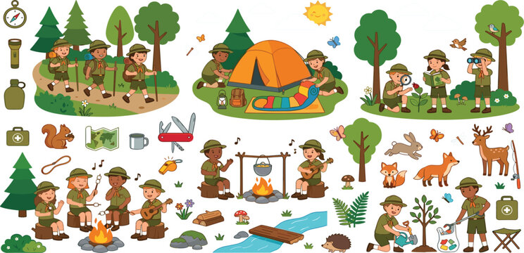 Cute cartoon scout kids camping set with boys girls outdoor activity vector illustration