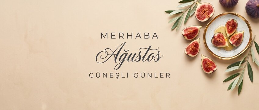 Fresh Fig Flat Lay Background with Olive Leaves Honey Plate and Turkish Hello August Text for Mediterranean Summer Food Banner Minimalist Layout Copy Space Decorative Seasonal Composition Design