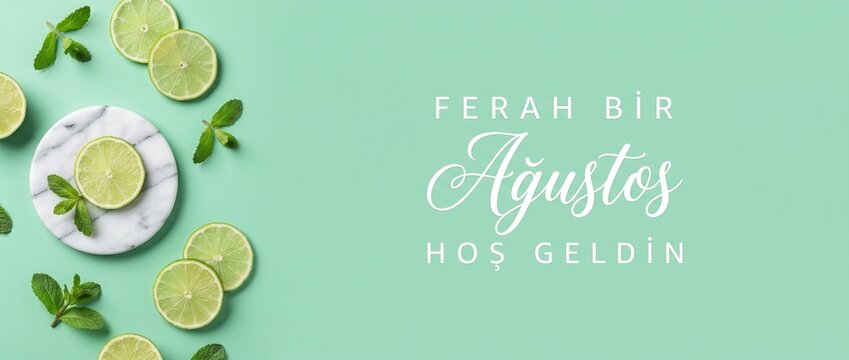 Fresh lime mint summer background flat lay with Turkish text Ferah Bir Agustos Hos Geldin on mint green copy space backdrop for refreshing seasonal banner, mojito citrus theme, and August greeting fra