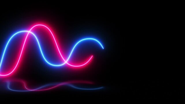 Glowing red and blue neon wavy lines on black background. Futuristic laser saber light motion for modern club or technology abstract design.
