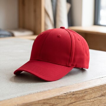 A simple red baseball cap sitting on a wooden table in a sunny room Mockup
