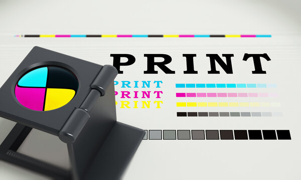 Printing loupe standing on colour test paper. 3D illustration