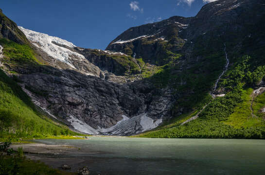 Brevatnet, a beautiful azure blue glacial lake of the B&oslash;yabreen glacier, a side arm of the Jostedalsbreen glacier. Lake Brevatnet was created by the retreat of the glacier.