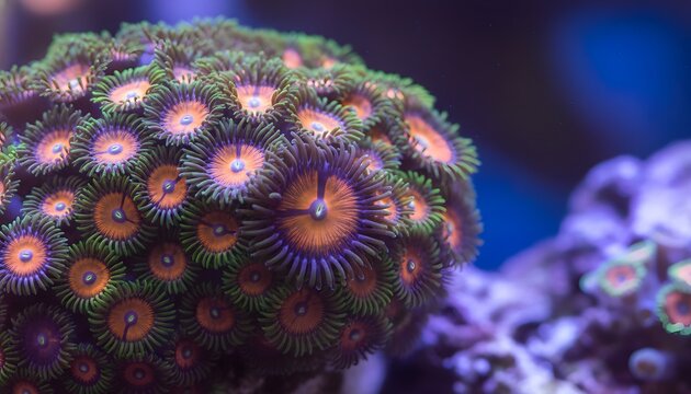 Colorful zoanthid garden soft coral colony thriving in a home saltwater tank reef aquarium for marine biodiversity conservation concept in macro photography