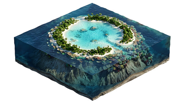 Isolated tropical atoll with coral reef and clear water in isometric cross section
