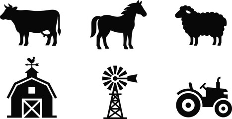 Farm animal silhouettes and agricultural icons set, black livestock vector collection, rustic barn and tractor symbols for rural branding © SK RUMAN