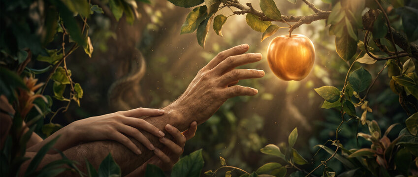 Man hand reaching toward golden apple on tree branch in Garden of Eden. Symbolic representation of Adam temptation in paradise, original sin, falling and biblical human disobedience story.