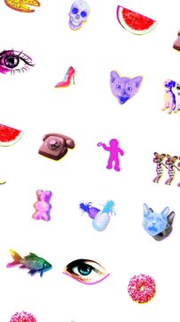 Seamless crazy vertical video of random printed psychedelic icons with duotono colors.Art collage slides isolated with copyspace.