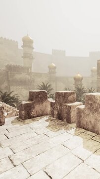 People walk around the ancient castle with stone walls and towers. The scene shows the worn stones and some palm trees under a hazy sky. The atmosphere feels old and rich in history.
