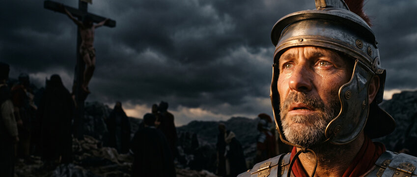 Roman centurion watching the crucifixion of Jesus on a cloudy day. Emotional soldier witnessing the event at the cross. Biblical scene representing faith, redemption and history.