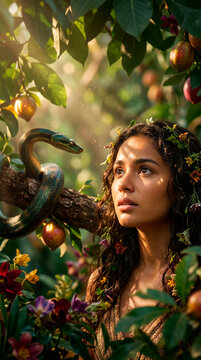 Eve looking at the serpent in the Garden of Eden representing the moment of deception and the entry of sin into the world. Religious biblical scene of temptation andfall of humanity.