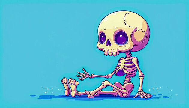 A cartoon skeleton sits on a blue background. The skeleton has large, expressive eyes and a playful posture, creating a whimsical and fun atmosphere.