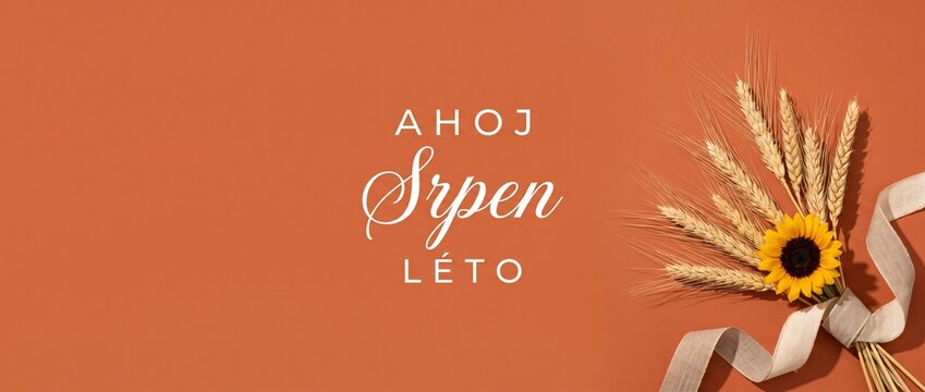 August summer wheat sunflower banner rust background with Czech text Ahoj Srpen Leto greeting card concept for harvest season, autumn transition, floral flatlay mockup, copy space for marketing.