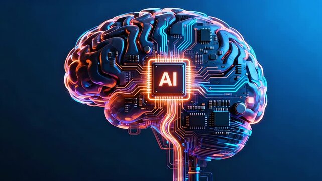 Human Brain Integrated with AI Microchip Processor and Glowing Circuit Board