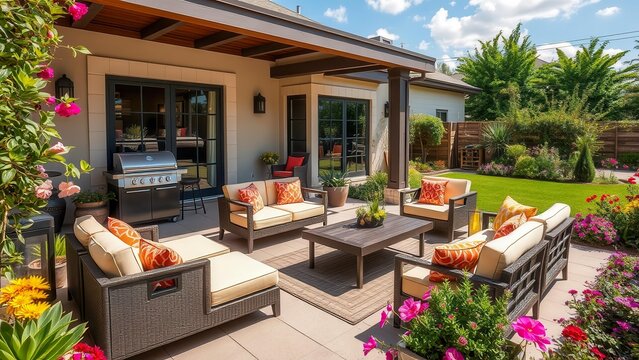 A modern patio with a cozy seating area and green surroundings. The space is decorated with pillows, furniture and flowers. Ideal for summer gatherings and country comfort.
