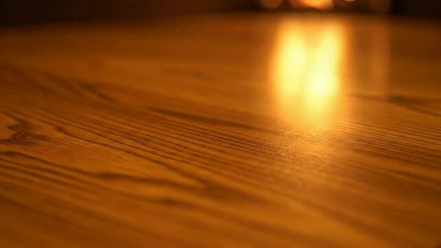 Close-Up View Of Polished Wooden Surface With Warm Lighting Showcasing Rich Textures And Grain Patterns Ideal For Interior Design And Furniture Concepts