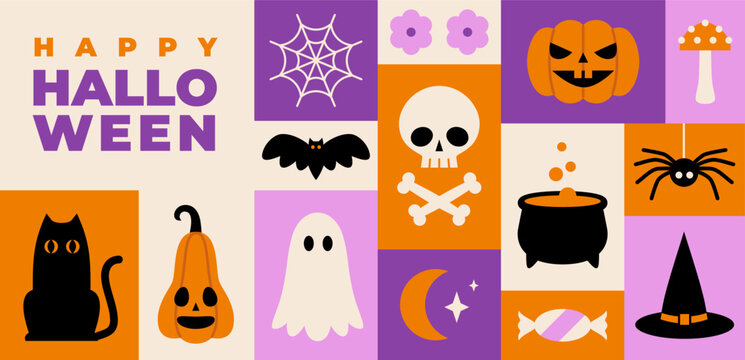 Happy Halloween greeting card or banner design with grid pattern. Spooky and cute Halloween icons and symbols.