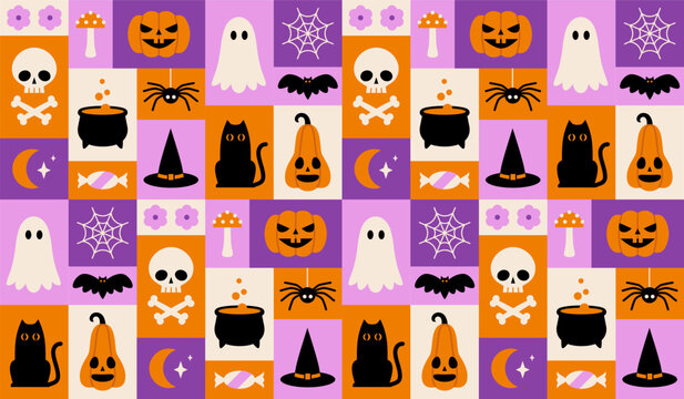 Festive grid seamless pattern with Halloween icons and symbols. Colorful geometric rectangular background, wrapping paper, print, textile or fabric design with cute Halloween design elements.