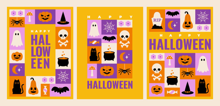 Happy Halloween posters, greeting cards or banners design set. Cute and spooky holiday design templates with grid pattern.