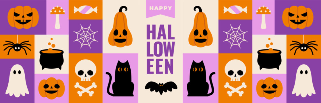 Happy Halloween wide horizontal greeting card, banner or header design with grid pattern. Holiday background with spooky and cute symbols and icons.