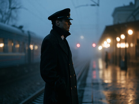 A man in uniform stands on a foggy train platform, waiting with a stoic expression. The dimly lit scene evokes a sense of mystery and anticipation AI generative