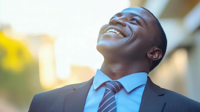 Smiling African American man in business attire looking forward with joy