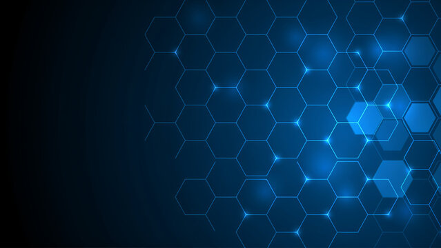 Blue abstract technology background with hexagons. Digital data network connection pattern.