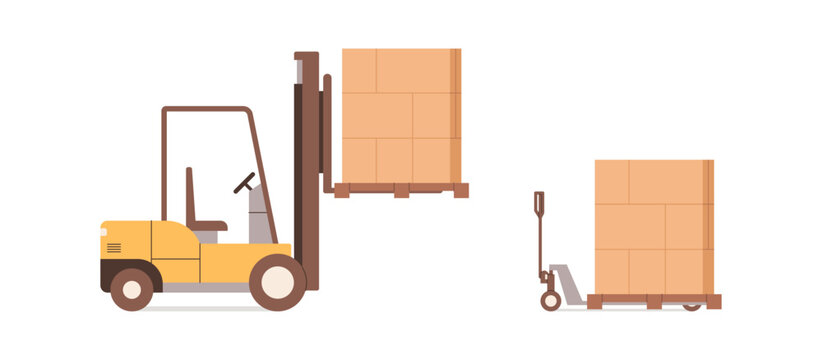 Forklift truck loading cardboard boxes in warehouse, industrial pallet jack moving cargo for logistics and shipping operation flat vector illustration isolated on white background.