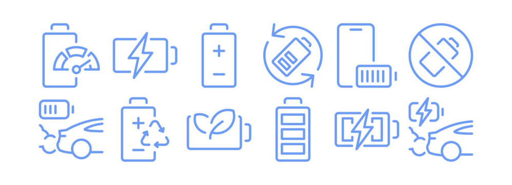 P-10139.eps
Car battery icon set, automotive charging symbols, exhaust emission warnings, plus minus terminal marks for vehicle maintenance, recycle arrows isolated flat vector illustration.