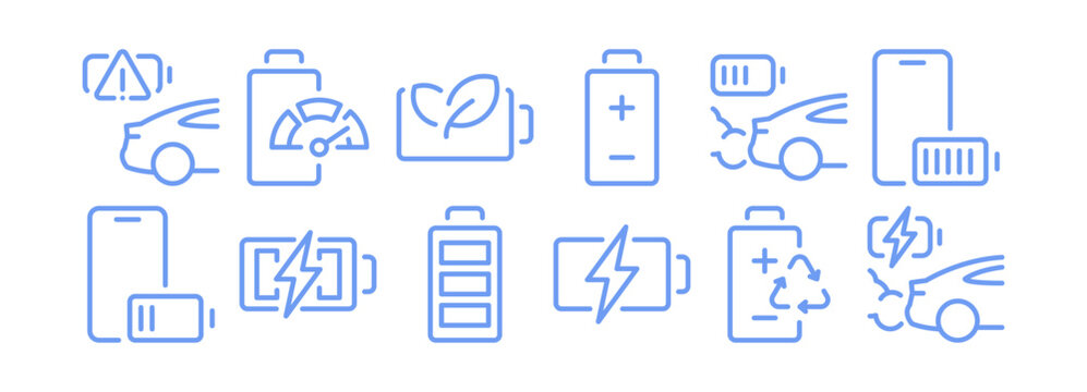 P-10140aCar battery icon set, automotive charging symbols, design elements, phone battery indicators for vehicle maintenance, recycle arrows, exhaust emission warning symbols flat graphic vector illus