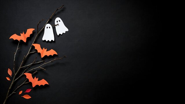 Halloween paper decorations on black background. Spooky ghosts and bats for holiday design.
