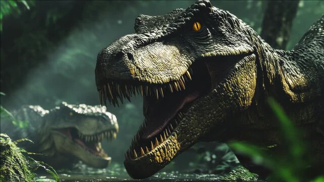 Tyrannosaurus roars in dense, green jungle environment. Teeth gleam as jaws open wide. Distant predator watches from under foliage. Mist adds depth to prehistoric setting