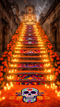 d&iacute;a de muertos, D&iacute;a de los Muertos, cultura mexicana, tradici&oacute;n mexicana, patrimonio cultural, celebraci&oacute;n mexicana, folclore mexicano, altar de muertos, ofrenda mexicana, escalinata decorada, escaler